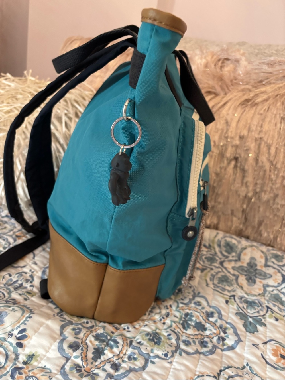 Kipling Teal Backpack Tote with Brown Trim - Picture 5 of 8